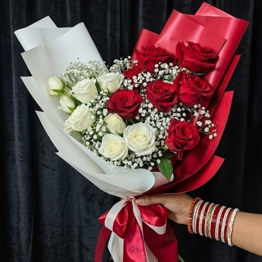 Premium Red and White Rose Hand Bouquet