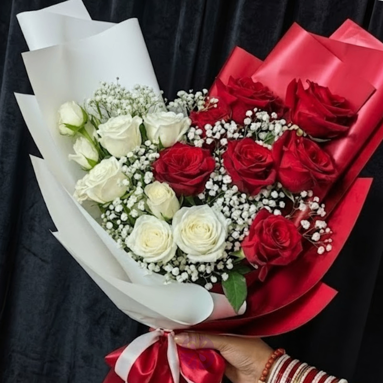 Premium Red and White Rose Hand Bouquet - Image 2