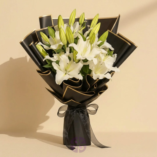 5 Stick White Lily Bouquet in Black Wrap