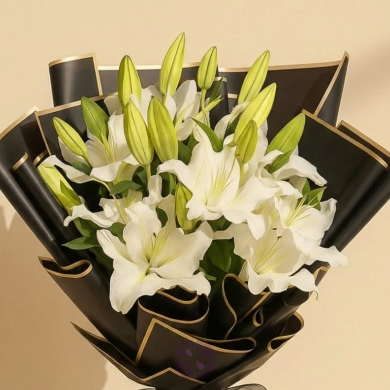 5 Stick White Lily Bouquet in Black Wrap - Image 2