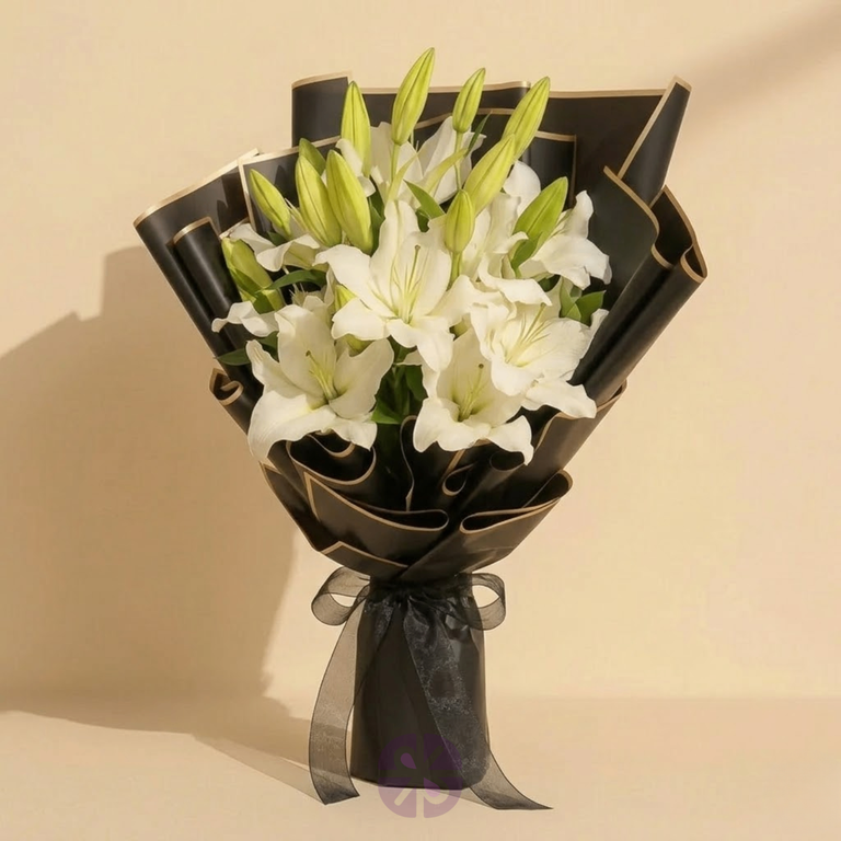5 Stick White Lily Bouquet in Black Wrap - Image 3