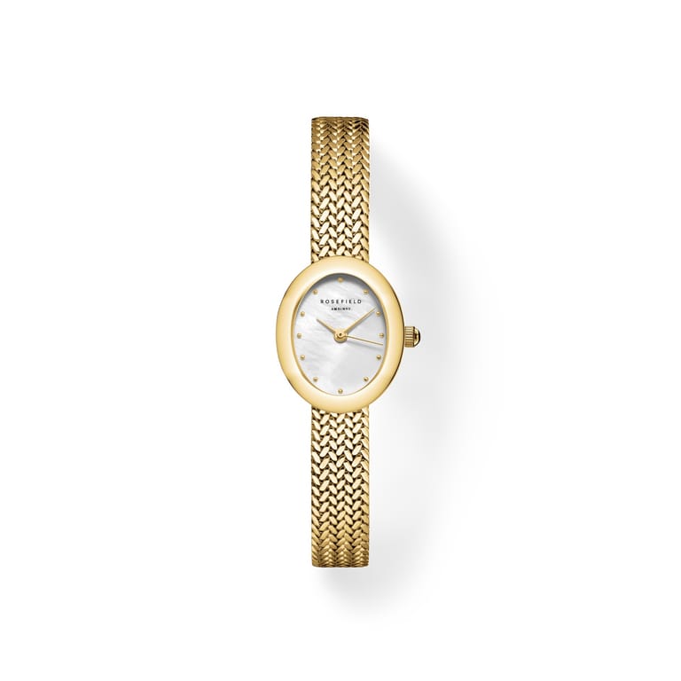 Rosefield Mini Oval White Dial Gold Woven Mesh Strap - MWGMG-M02 - Image 1
