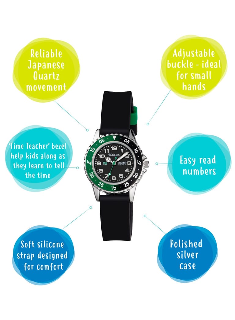 Tikkers Boys Black Silicone Strap Time Teacher Watch - TK0139 - Image 4