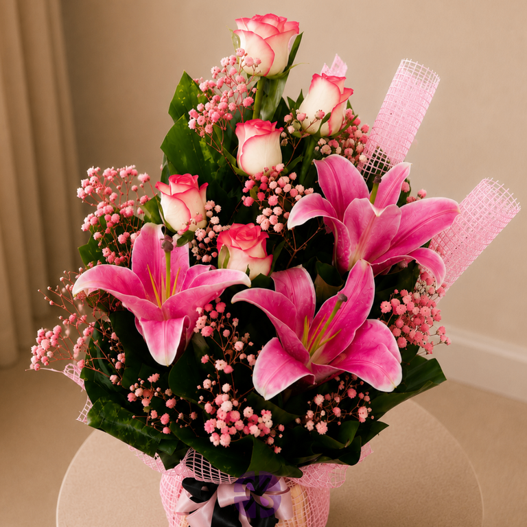 Blushing Garden — Fresh Lily, Rose & Gypsophila Arrangement - Image 2