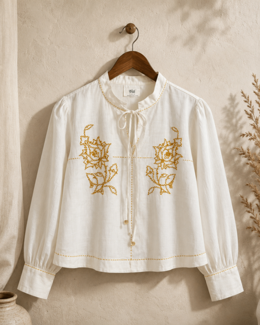 White Top With Yellow Hand Stitched Flower