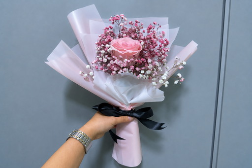 Single Pink Rose with Gypsophila