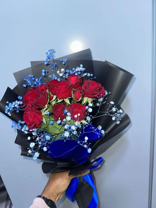 The Midnight Crimson & Blue Gypsophila Bouquet
