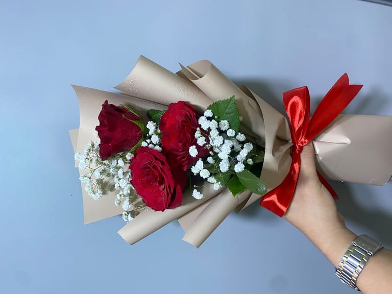The Crimson Trio & Nude Satin Bouquet - Image 2