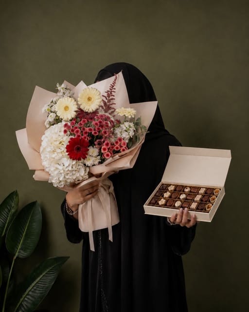 Elegant Blush Garden Bouquet with Belgian Chocolates