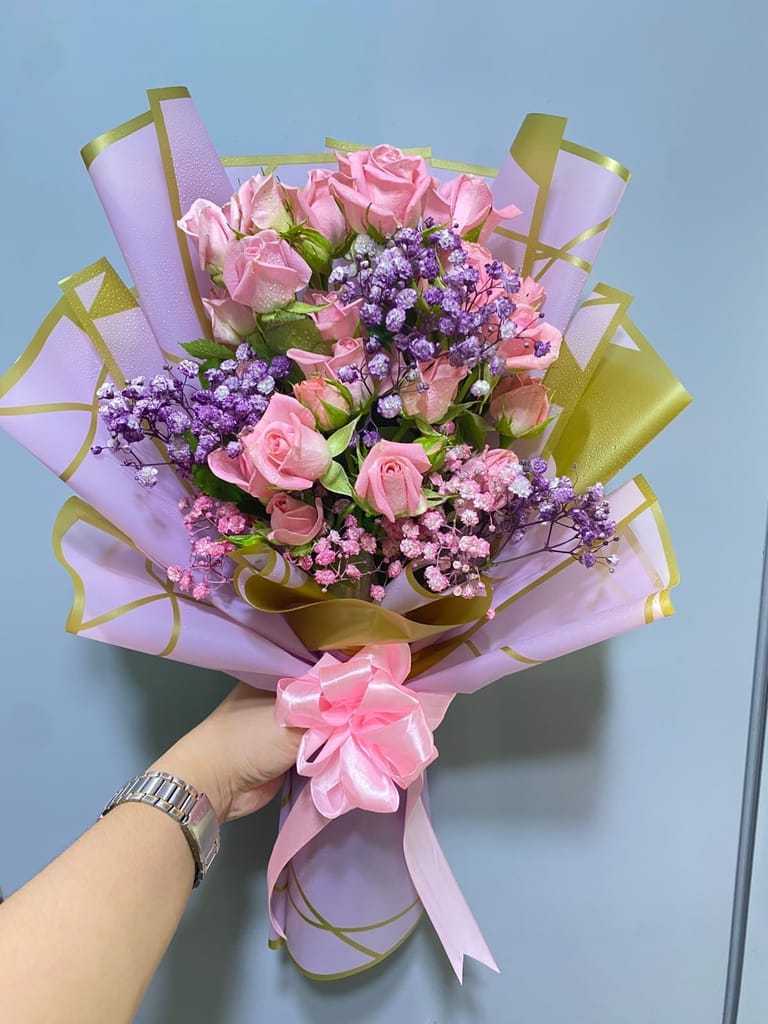 Pink Spray Rose & Lavender Bouquet - Image 1