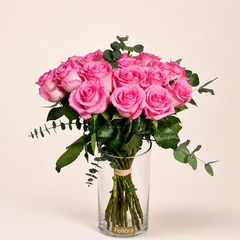 21 Pink Roses And Eucalyptus Vase Arrangement-A4 - Image 1