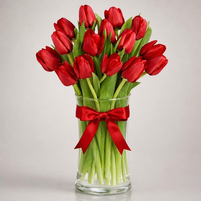19 Red Tulips In A Glass Vase-A22 - Image 1