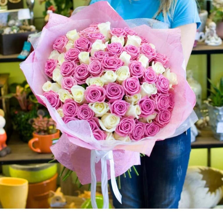 51 Pink White Roses Bouquet-A217 - Image 1
