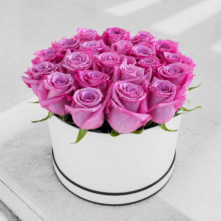 21 Purple Roses in Round Flower Box-A237 - Image 1