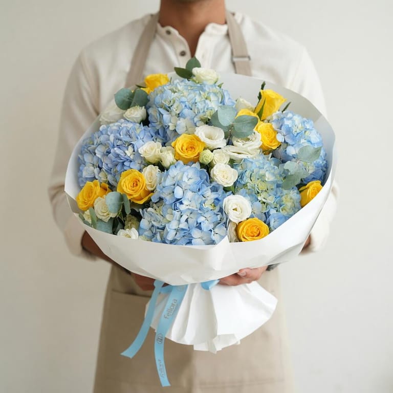 Blue Hydrangea and Yellow Rose Luxury Bouquet-A257 - Image 1