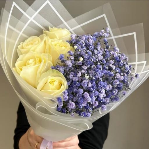 5 White Athena Roses And Blue Gypsophila Bouquet-A265