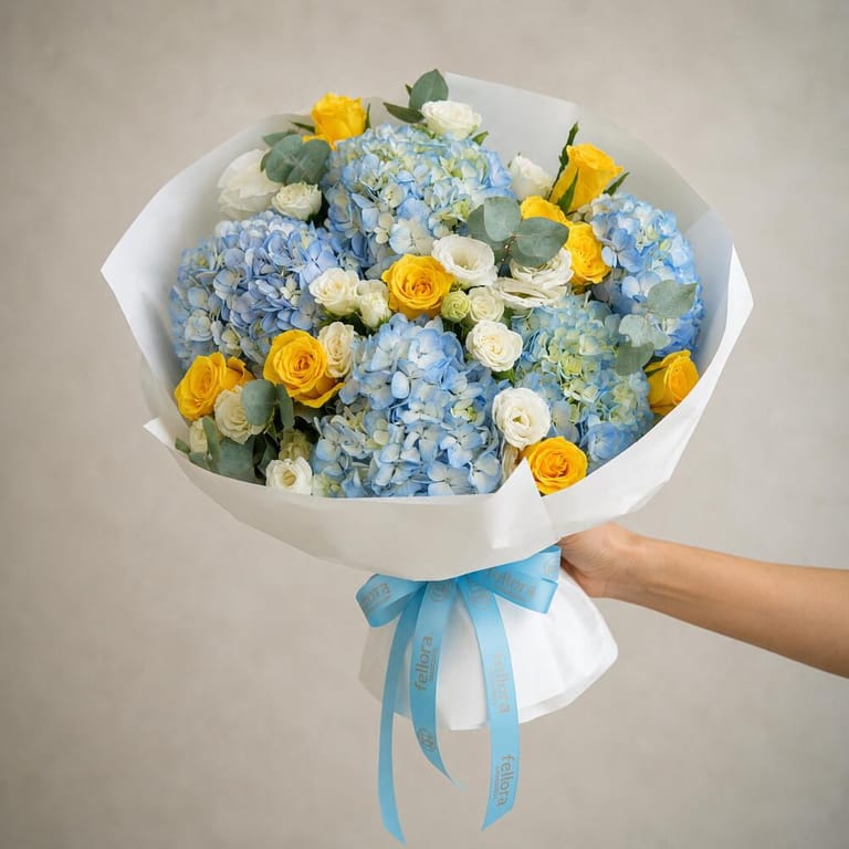 Blue Hydrangea and Yellow Rose Luxury Bouquet-A257 - Image 3