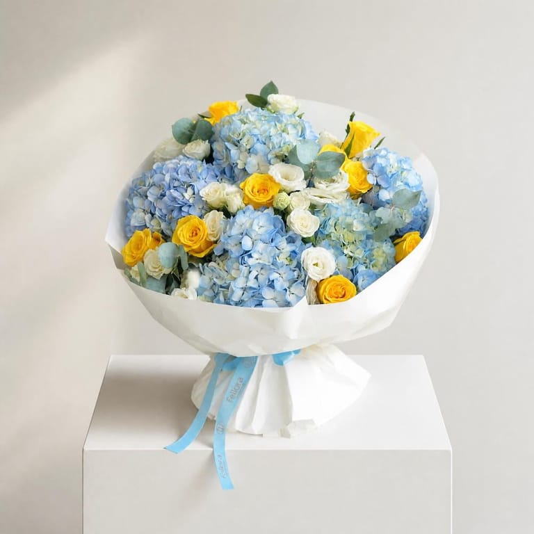Blue Hydrangea and Yellow Rose Luxury Bouquet-A257 - Image 5