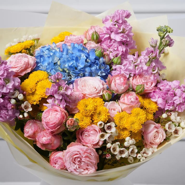 Blue Hydrangea And Pink Spray Rose Mixed Bouquet-A329 - Image 6
