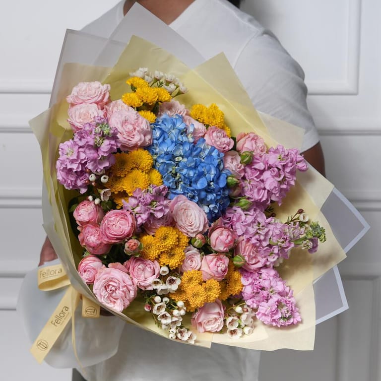 Blue Hydrangea And Pink Spray Rose Mixed Bouquet-A329 - Image 1