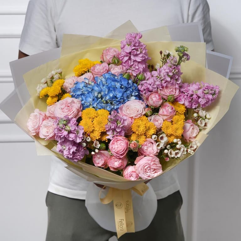 Blue Hydrangea And Pink Spray Rose Mixed Bouquet-A329 - Image 2
