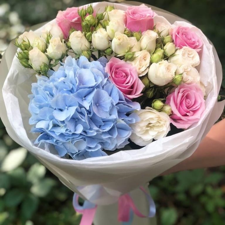 Blue Hydrangea, Pink Roses White Spray Rose Bouquet-A385 - Image 1