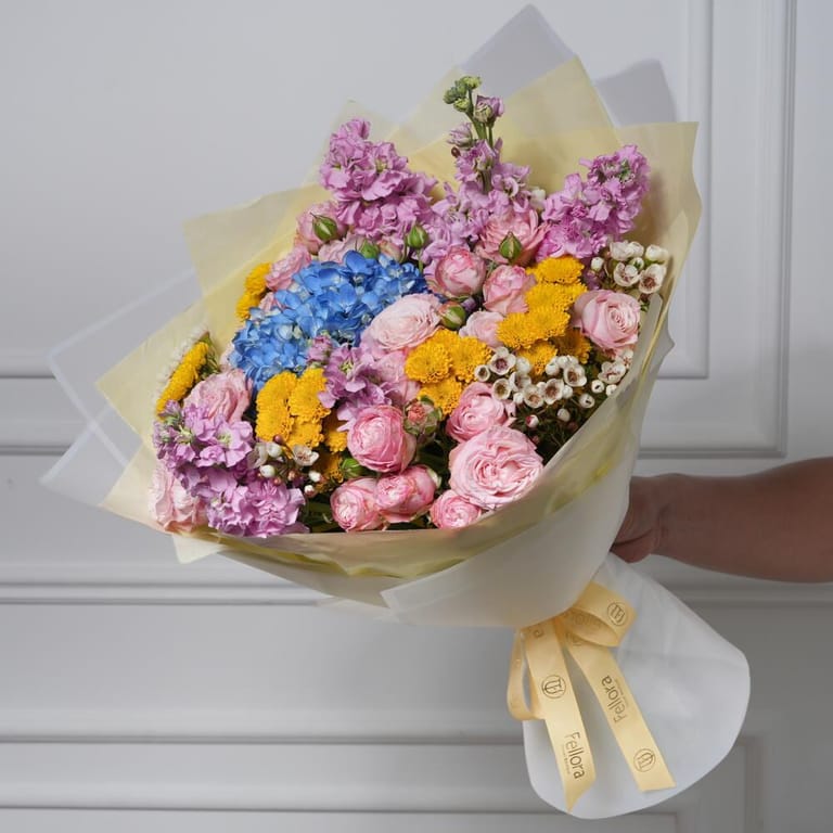 Blue Hydrangea And Pink Spray Rose Mixed Bouquet-A329 - Image 4