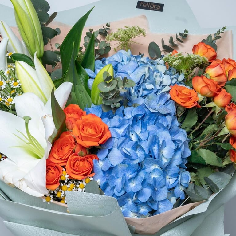 Blue Hydrangea, White Lily Orange Roses Bouquet-A361 - Image 3