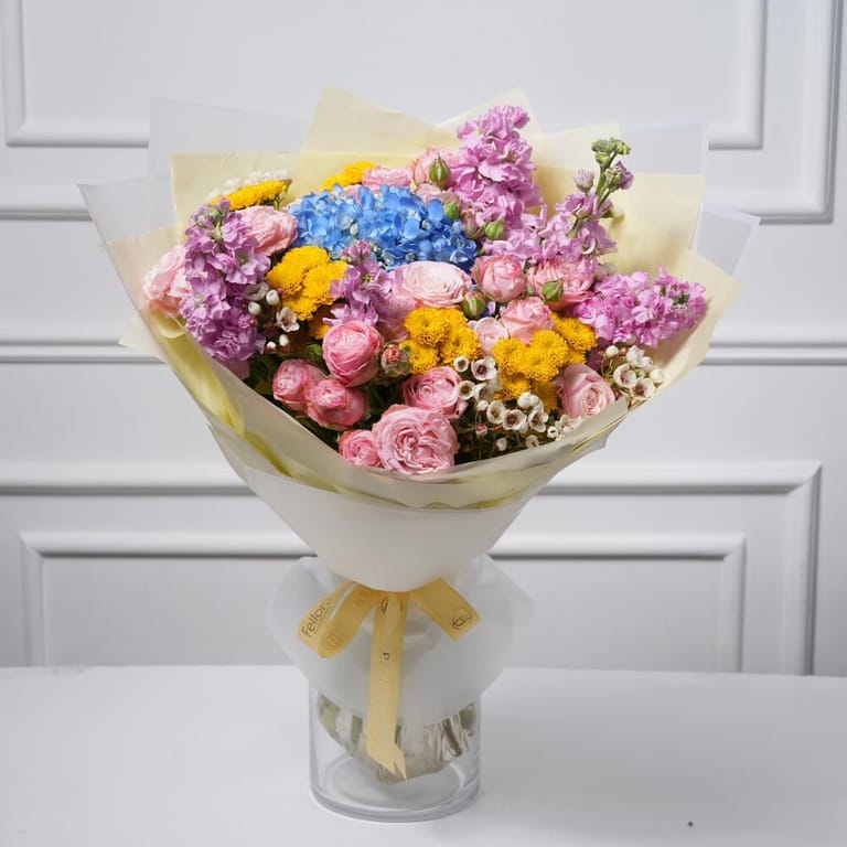 Blue Hydrangea And Pink Spray Rose Mixed Bouquet-A329 - Image 5