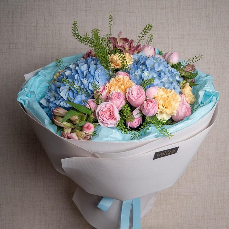 Blue Hydrangea Pink Peony Roses And Carnations Bouquet-A551 - Image 3