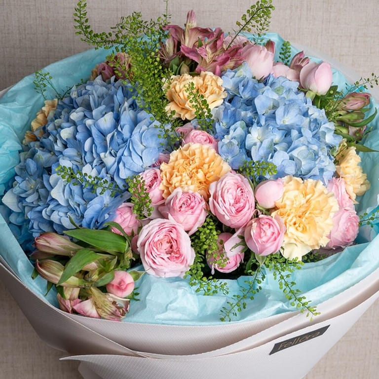 Blue Hydrangea Pink Peony Roses And Carnations Bouquet-A551 - Image 4