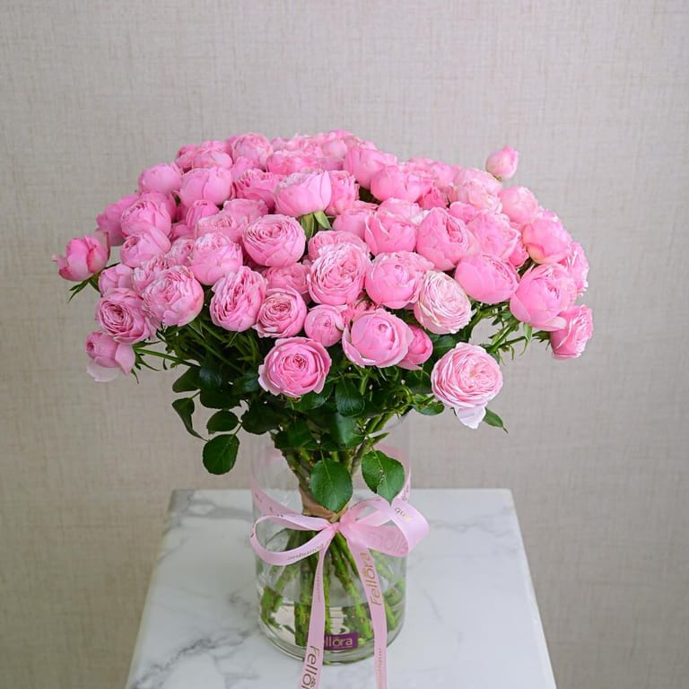21 Pink Peony Spray Roses Glass Vase Arrangement-A628 - Image 1
