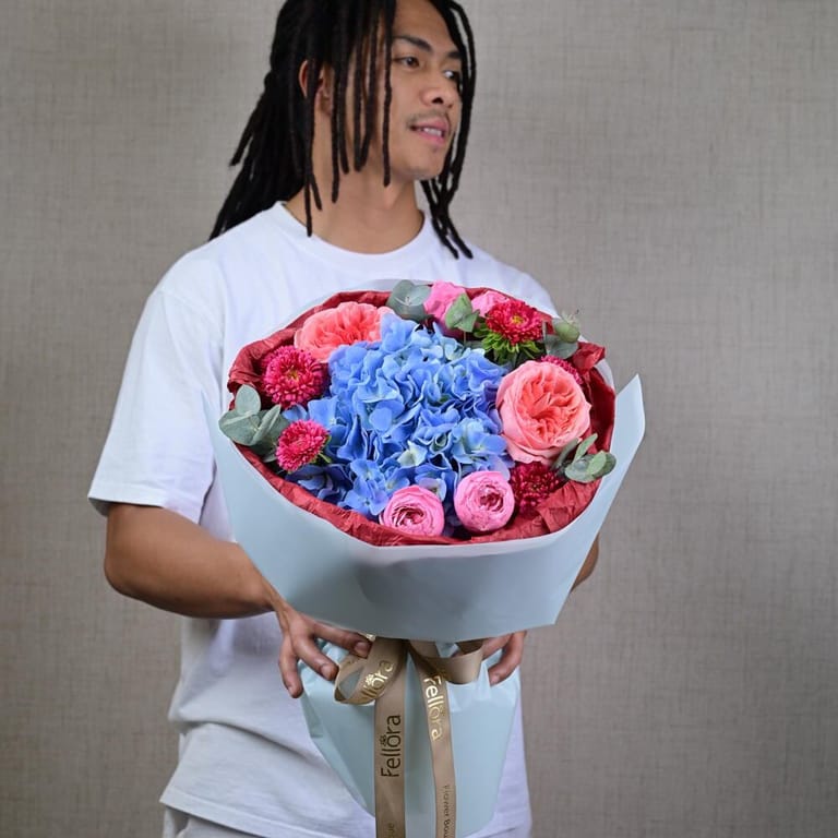 Blue Hydrangea Pink peony Roses And Chrysanthemum Luxury Bou-A631 - Image 1