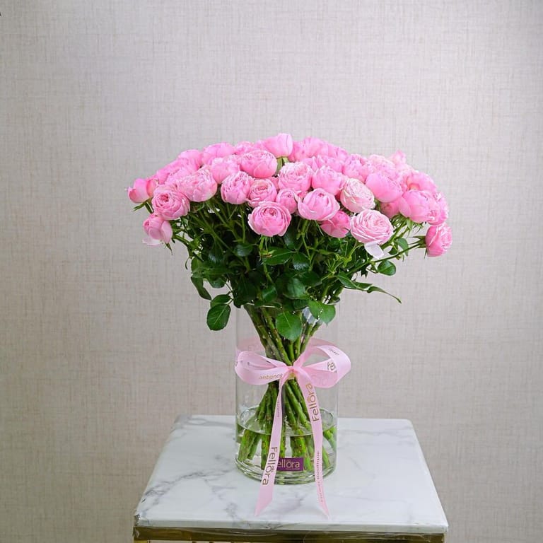 21 Pink Peony Spray Roses Glass Vase Arrangement-A628 - Image 2