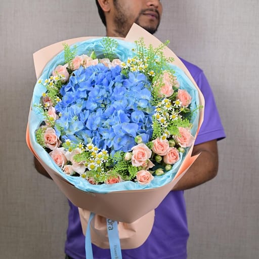 Blue Hydrangea And Peach Spray Roses Luxury Bouquet-A640