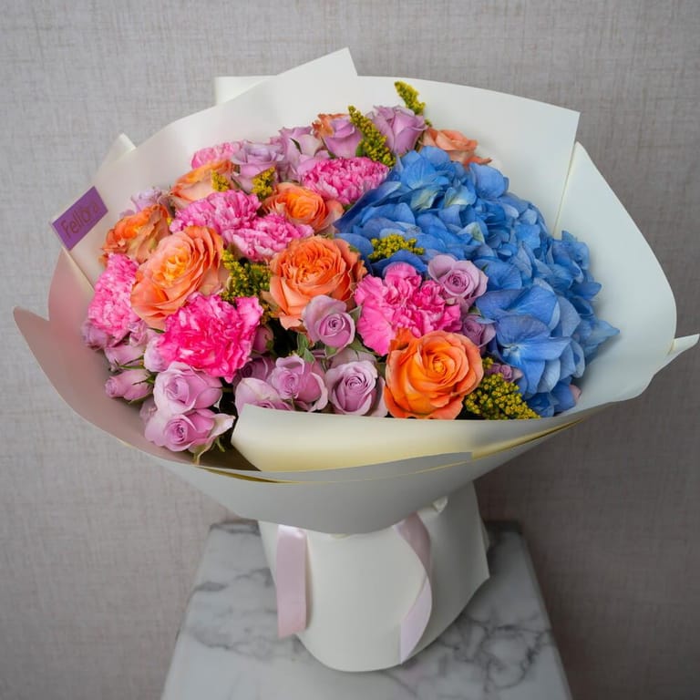 Blue Hydrangea Orange Roses And Pink Carnations Luxury Bouqu-A633 - Image 3