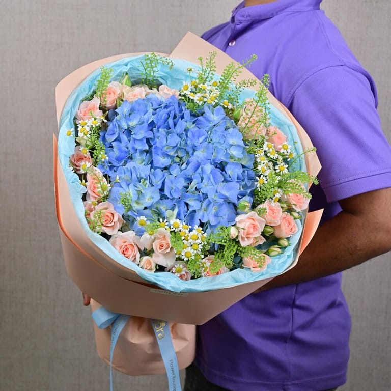 Blue Hydrangea And Peach Spray Roses Luxury Bouquet-A640 - Image 3