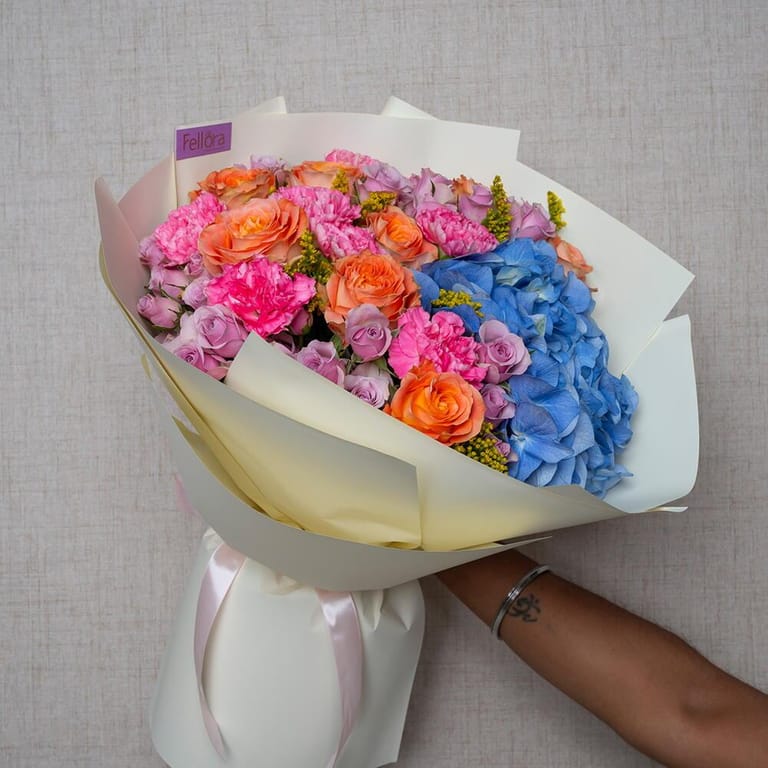 Blue Hydrangea Orange Roses And Pink Carnations Luxury Bouqu-A633 - Image 4