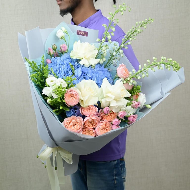 Blue Hydrangea Peony Roses And White Flowers Luxury Bouquet-A666 - Image 1