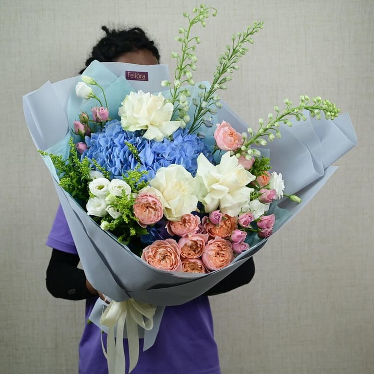 Blue Hydrangea Peony Roses And White Flowers Luxury Bouquet-A666 - Image 2
