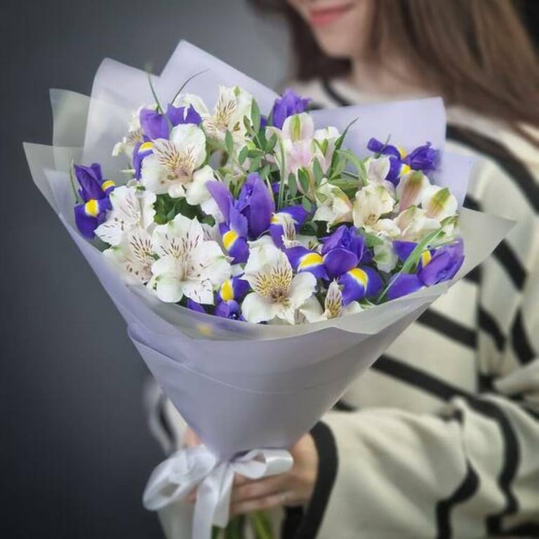 Blue Iris And White Alstroemeria Bouquet-A685 - Image 1