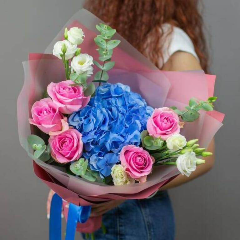 Blue Hydrangea Pink Roses And White Lisianthus Bouquet-A686 - Image 1