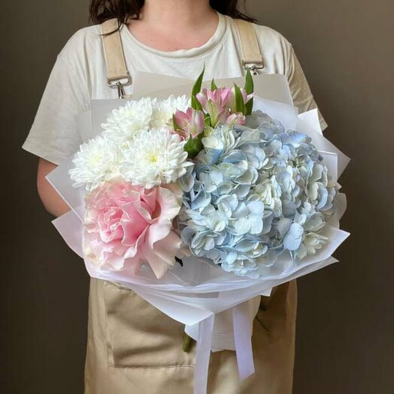 Blue Hydrangea And White Chrysanthemum Bouquet-A689 - Image 1