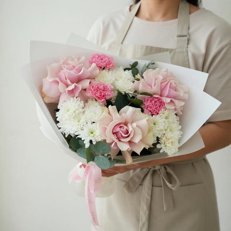 Blush Roses Pink Carnations And White Chrysanthemum Bouquet-A682 - Image 2