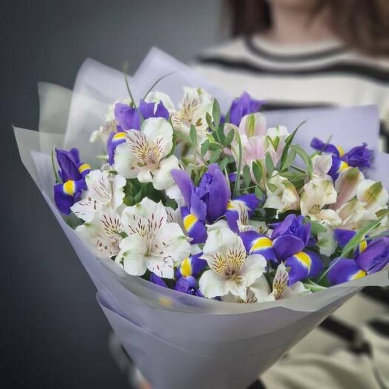 Blue Iris And White Alstroemeria Bouquet-A685 - Image 2