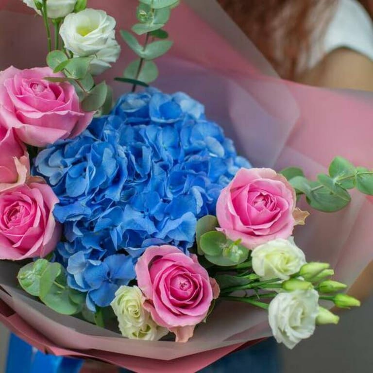 Blue Hydrangea Pink Roses And White Lisianthus Bouquet-A686 - Image 2
