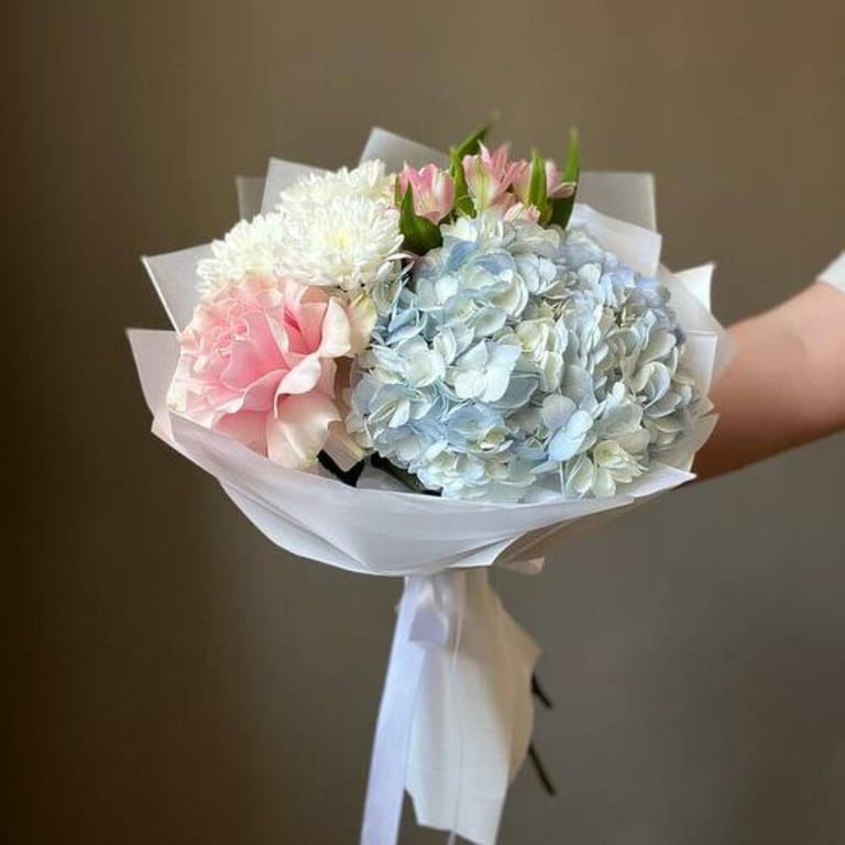 Blue Hydrangea And White Chrysanthemum Bouquet-A689 - Image 2