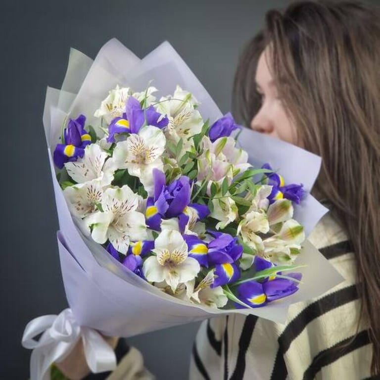 Blue Iris And White Alstroemeria Bouquet-A685 - Image 3