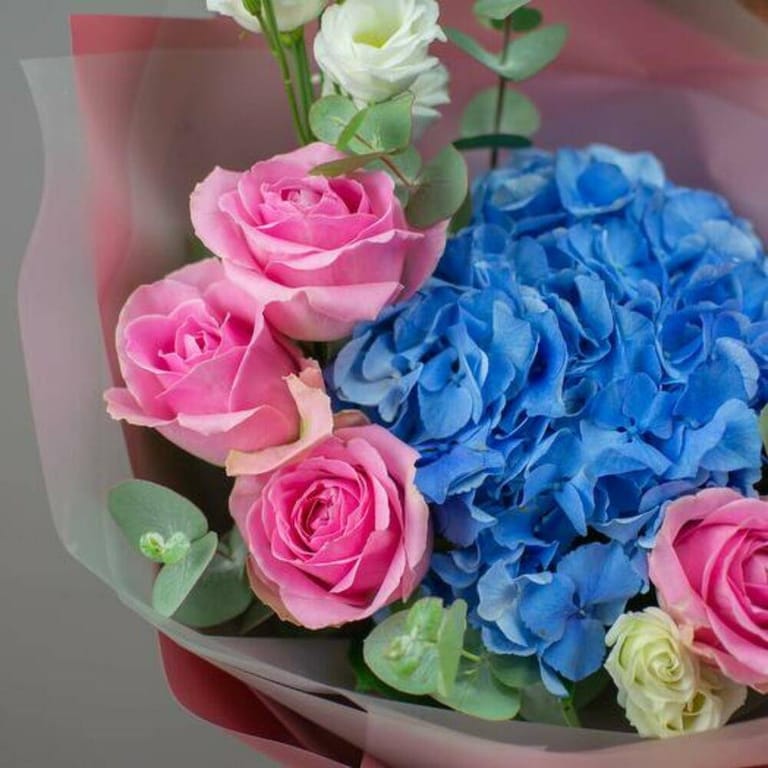 Blue Hydrangea Pink Roses And White Lisianthus Bouquet-A686 - Image 3