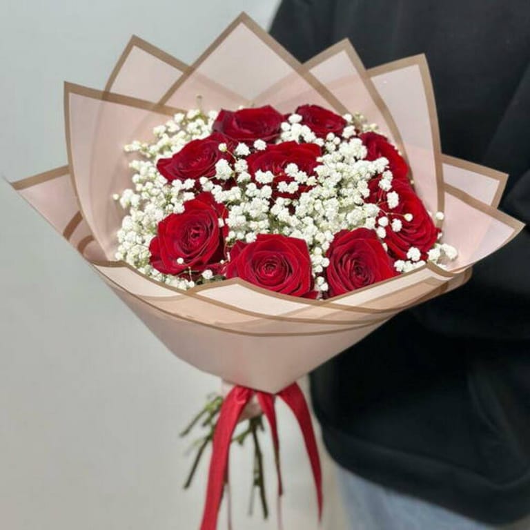 9 Red Roses And Gypsophila Romantic Bouque-A711 - Image 2